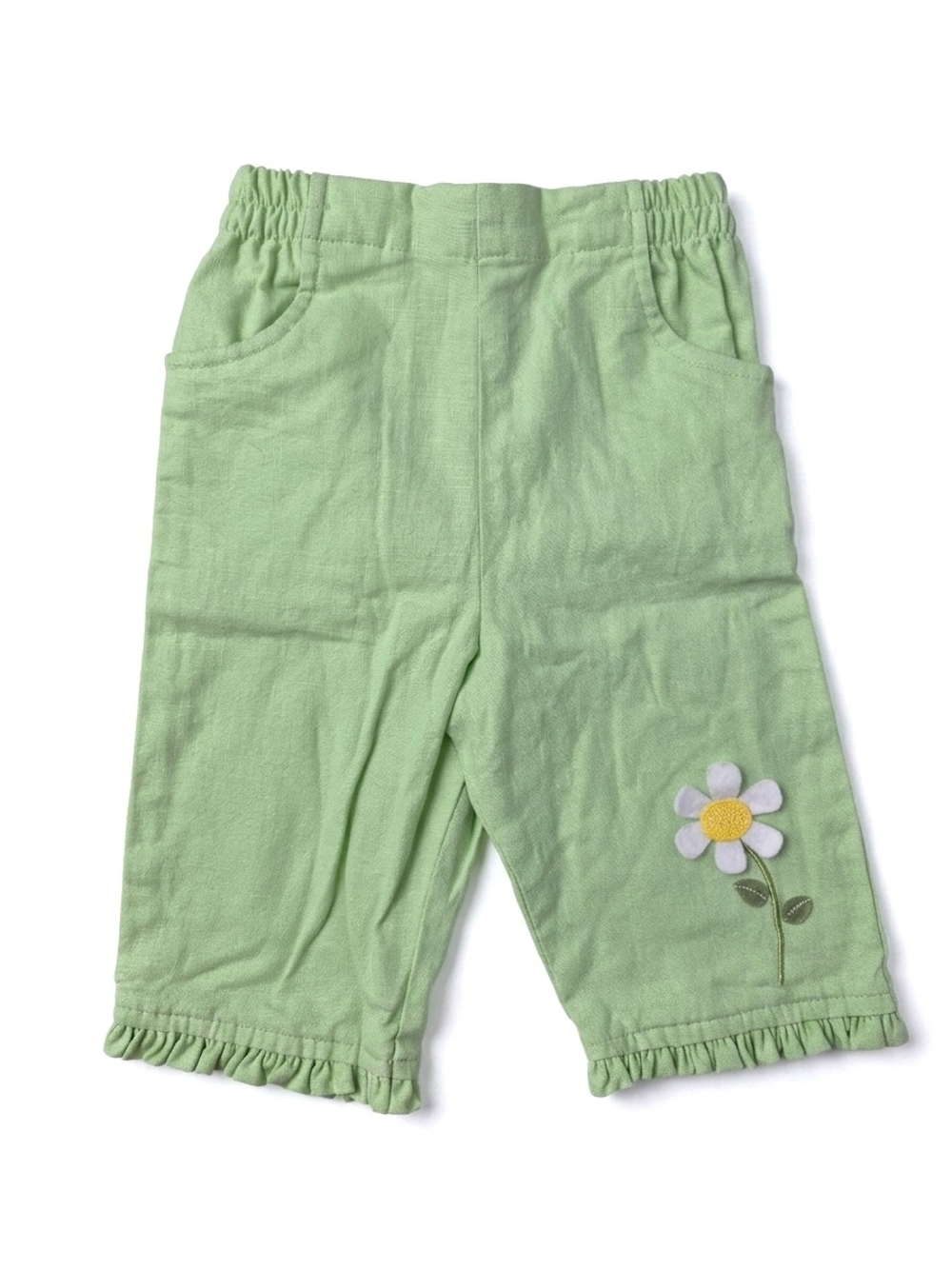 Y2k Vintage Linen Blend Baby Headquarters Daisy Ruffle Pants Spring Green 12M